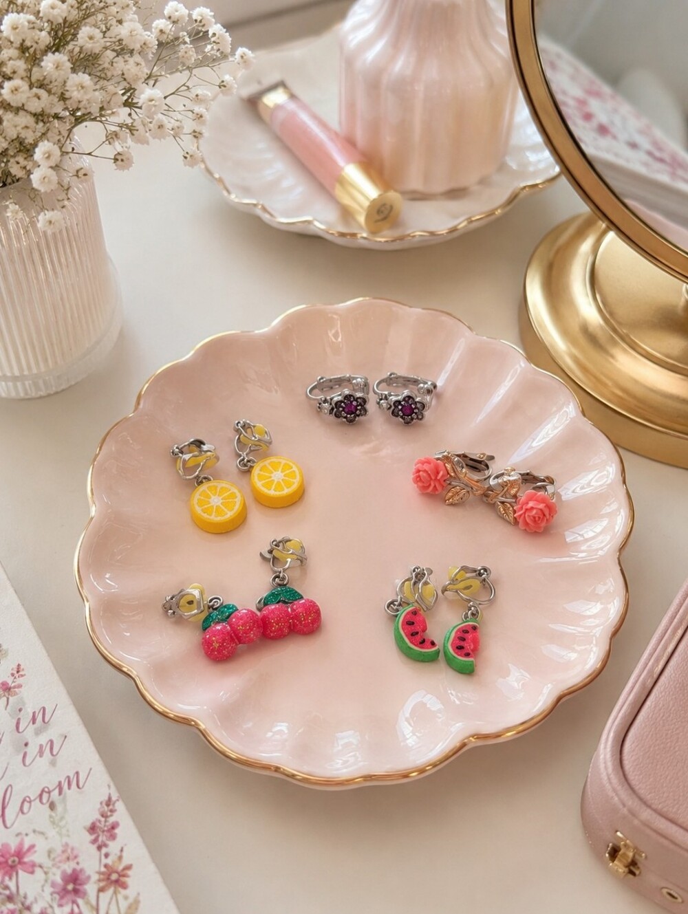Lot Of 5 Clip On Earrings Fruit And Stones